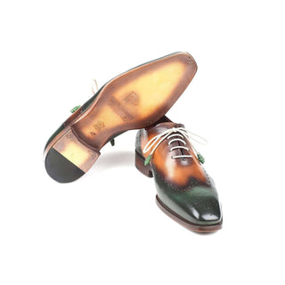 Paul Parkman Handmade Designer Shoes Men's Green & Camel Wingtip Calfskin Oxfords 097GV22 (PM5708)-AmbrogioShoes