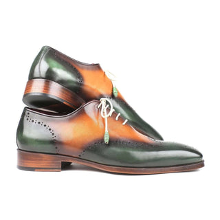 Paul Parkman Handmade Designer Shoes Men's Green & Camel Wingtip Calfskin Oxfords 097GV22 (PM5708)-AmbrogioShoes