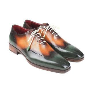 Paul Parkman Handmade Designer Shoes Men's Green & Camel Wingtip Calfskin Oxfords 097GV22 (PM5708)-AmbrogioShoes