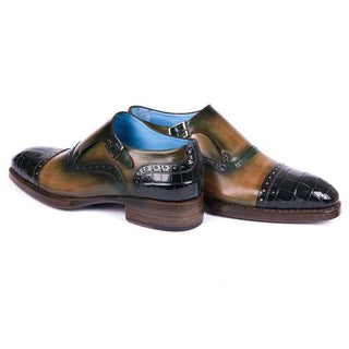 Paul Parkman Handmade Shoes Mens Green Crocodile & Calfskin Monkstrapped Loafers (PM5804)-AmbrogioShoes