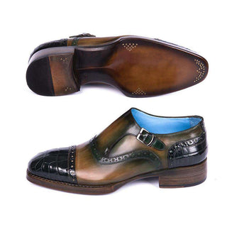 Paul Parkman Handmade Shoes Mens Green Crocodile & Calfskin Monkstrapped Loafers (PM5804)-AmbrogioShoes