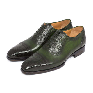 Paul Parkman Handmade Shoes Men's Green Genuine Crocodile & Calfskin Oxfords (PM5659)-AmbrogioShoes