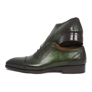 Paul Parkman Handmade Shoes Men's Green Genuine Crocodile & Calfskin Oxfords (PM5659)-AmbrogioShoes