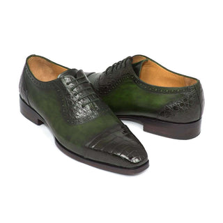 Paul Parkman Handmade Shoes Men's Green Genuine Crocodile & Calfskin Oxfords (PM5659)-AmbrogioShoes