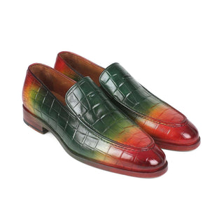 Paul Parkman Handmade Shoes Men's Green, Red & Yellow Calfskin & Crocodile Loafers 7339-SPR (PM5717)-AmbrogioShoes