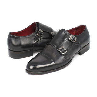 Paul Parkman Handmade Designer Shoes Men's Handmade Designer Shoes Cap-toe Double Monkstraps Gray Black Loafers (PM5220)-AmbrogioShoes