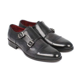 Paul Parkman Handmade Shoes Men's Handmade Shoes Cap-toe Double Monkstraps Gray Black Loafers (PM5220)-AmbrogioShoes