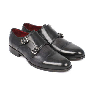 Paul Parkman Handmade Designer Shoes Men's Handmade Designer Shoes Cap-toe Double Monkstraps Gray Black Loafers (PM5220)-AmbrogioShoes