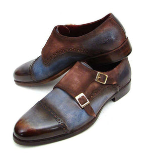 Paul Parkman Handmade Shoes Men's Handmade Shoes Captoe Double Monkstrap Brown / Blue Loafers (PM4001)-AmbrogioShoes