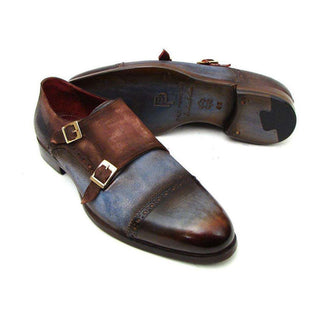 Paul Parkman Handmade Shoes Men's Handmade Shoes Captoe Double Monkstrap Brown / Blue Loafers (PM4001)-AmbrogioShoes