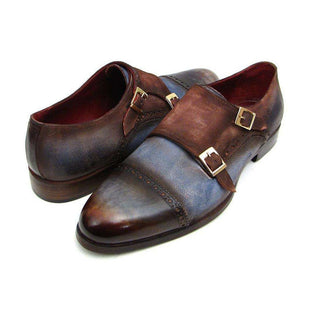 Paul Parkman Handmade Shoes Men's Handmade Shoes Captoe Double Monkstrap Brown / Blue Loafers (PM4001)-AmbrogioShoes