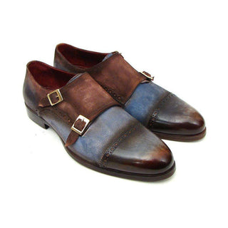 Paul Parkman Handmade Shoes Men's Handmade Shoes Captoe Double Monkstrap Brown / Blue Loafers (PM4001)-AmbrogioShoes
