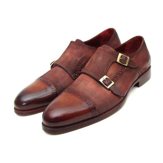 Paul Parkman Handmade Shoes Men's Handmade Shoes Captoe Double Monkstraps Suede Antique Brown Loafers (PM4025)-AmbrogioShoes