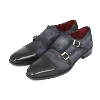 Paul Parkman Handmade Designer Shoes Men's Handmade Designer Shoes Captoe Double Monkstraps Suede Navy Loafers (PM4024)-AmbrogioShoes