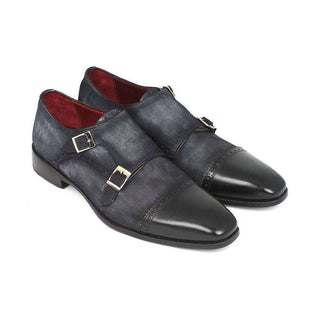 Paul Parkman Handmade Shoes Men's Handmade Shoes Captoe Double Monkstraps Suede Navy Loafers (PM4024)-AmbrogioShoes