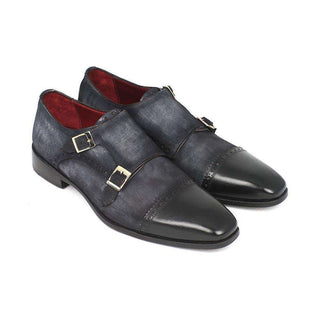 Paul Parkman Handmade Designer Shoes Men's Handmade Designer Shoes Captoe Double Monkstraps Suede Navy Loafers (PM4024)-AmbrogioShoes