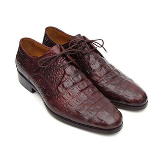 Paul Parkman Handmade Shoes Men's Handmade Shoes Crocodile Embossed Calfskin Derby Brown / Bordeaux Oxfords (PM4010)-AmbrogioShoes