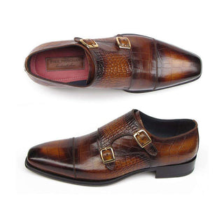 Paul Parkman Handmade Shoes Men's Handmade Shoes Crocodile Embossed Calfskin Double Monkstrap Brown Loafers (PM4011)-AmbrogioShoes