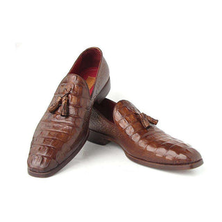 Paul Parkman Handmade Shoes Men's Handmade Shoes Crocodile Embossed Calfskin Tassel Brown Loafers (PM4032)-AmbrogioShoes