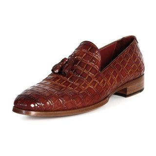 Paul Parkman Handmade Shoes Men's Handmade Shoes Crocodile Embossed Calfskin Tassel Brown Loafers (PM5214)-AmbrogioShoes