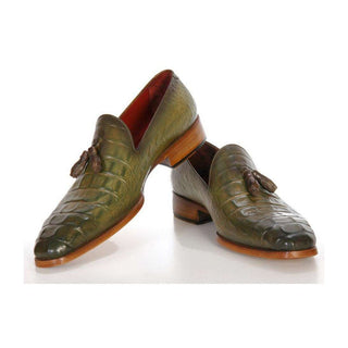 Paul Parkman Handmade Shoes Men's Handmade Shoes Crocodile Embossed Calfskin Tassel Green Loafers (PM5246)-AmbrogioShoes
