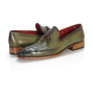 Paul Parkman Handmade Shoes Men's Handmade Shoes Crocodile Embossed Calfskin Tassel Green Loafers (PM5246)-AmbrogioShoes