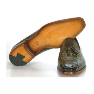 Paul Parkman Handmade Shoes Men's Handmade Shoes Crocodile Embossed Calfskin Tassel Green Loafers (PM5246)-AmbrogioShoes