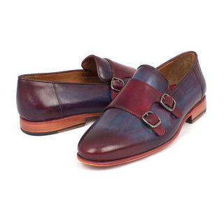 Paul Parkman Handmade Shoes Men's Handmade Shoes Double Monkstrap Burgundy Navy Loafers (PM5211)-AmbrogioShoes