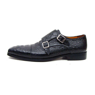 Paul Parkman Handmade Shoes Men's Handmade Shoes Double Monkstraps Crocodile Embossed Calfskin Black Loafers (PM4015)-AmbrogioShoes