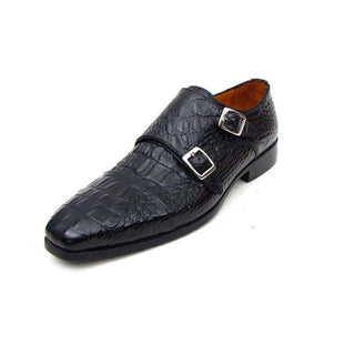Paul Parkman Handmade Shoes Men's Handmade Shoes Double Monkstraps Crocodile Embossed Calfskin Black Loafers (PM4015)-AmbrogioShoes