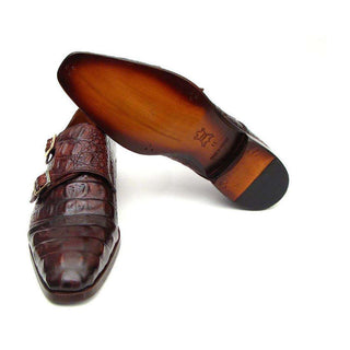 Paul Parkman Handmade Shoes Men's Handmade Shoes Double Monkstraps Crocodile Embossed Calfskin Brown / Bordeaux Loafers (PM4016)-AmbrogioShoes