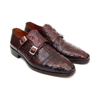 Paul Parkman Handmade Shoes Men's Handmade Shoes Double Monkstraps Crocodile Embossed Calfskin Brown / Bordeaux Loafers (PM4016)-AmbrogioShoes