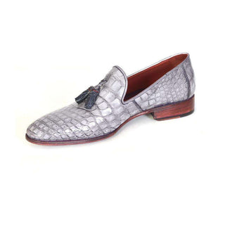 Paul Parkman Handmade Shoes Men's Handmade Shoes Genuine Crocodile Tassel Grey Loafers (PM4018)-AmbrogioShoes