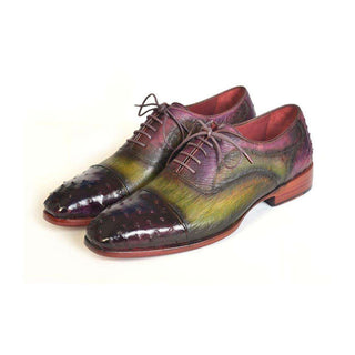 Paul Parkman Handmade Shoes Men's Handmade Shoes Genuine Ostrich Captoe Green / Purple Oxfords (PM4019)-AmbrogioShoes