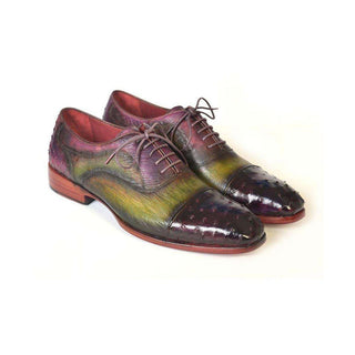 Paul Parkman Handmade Shoes Men's Handmade Shoes Genuine Ostrich Captoe Green / Purple Oxfords (PM4019)-AmbrogioShoes