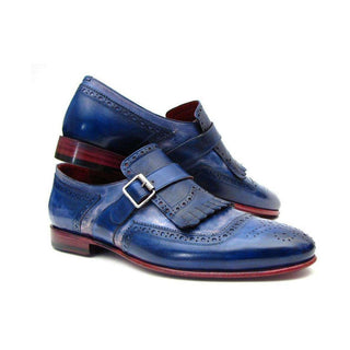 Paul Parkman Handmade Shoes Men's Handmade Shoes Kiltie Monkstrap Shoes Dual Tone Blue Loafers (PM5201)-AmbrogioShoes