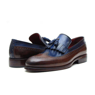 Paul Parkman Handmade Designer Shoes Men's Handmade Designer Shoes Kiltie Tassel Brown Navy Loafers (PM5202)-AmbrogioShoes