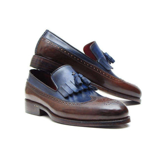 Paul Parkman Handmade Designer Shoes Men's Handmade Designer Shoes Kiltie Tassel Brown Navy Loafers (PM5202)-AmbrogioShoes