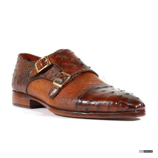 Paul Parkman Handmade Shoes Mens Handmade Ostrich Double Monkstrap Brown & Tobacco Loafers (PM1102)-AmbrogioShoes