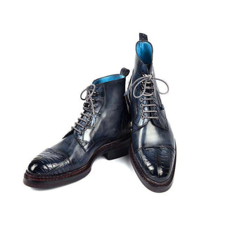 Paul Parkman Handmade Shoes Mens Navy Crocodile & Calfskin Captoe Boots (PM5800)-AmbrogioShoes