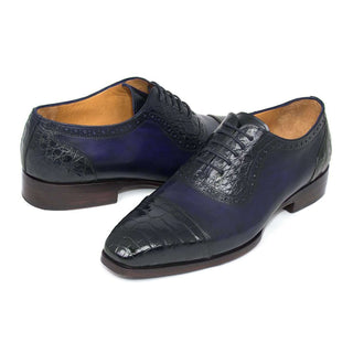 Paul Parkman Handmade Shoes Men's Navy Genuine Crocodile & Calfskin Oxfords (PM5660)-AmbrogioShoes