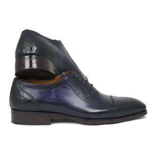 Paul Parkman Handmade Shoes Men's Navy Genuine Crocodile & Calfskin Oxfords (PM5660)-AmbrogioShoes