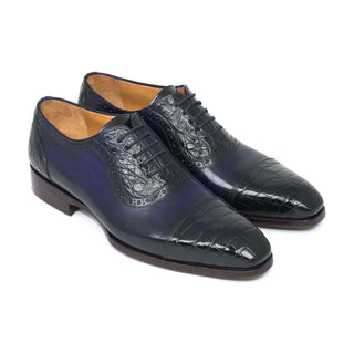 Paul Parkman Handmade Shoes Men's Navy Genuine Crocodile & Calfskin Oxfords (PM5660)-AmbrogioShoes