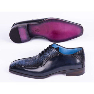 Paul Parkman Handmade Shoes Mens Navy Ostrich Leg & Calfskin Bicycle Toe Oxfords (PM5810)-AmbrogioShoes