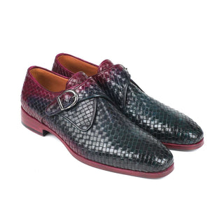 Paul Parkman Handmade Shoes Men's Purple & Green Woven Calf-skin Leather Monkstraps Loafers 011WN28 (PM5908)-AmbrogioShoes