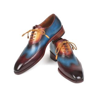 Paul Parkman Handmade Shoes Men's Three Tone Bordeaux, Blue & Camel Wingtip Calfskin Oxfords AL3249TU (PM5721)-AmbrogioShoes