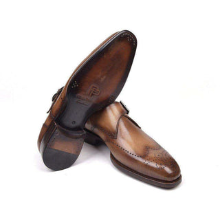 Paul Parkman Handmade Shoes Men's Wingtip Single Monkstraps Brown & Camel Loafers (PM5512)-AmbrogioShoes