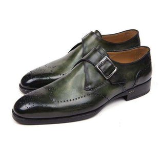 Paul Parkman Handmade Shoes Men's Wingtip Single Monkstraps Green Loafers (PM5513)-AmbrogioShoes