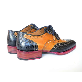 Paul Parkman Handmade Shoes Navy & Cognac Iguana & Calf-skin Leather Wingtip Oxfords (PM5854)-AmbrogioShoes