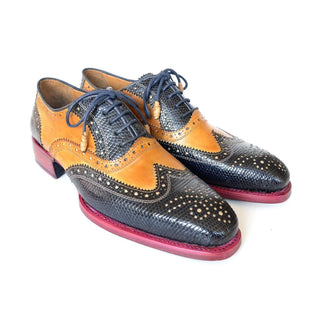Paul Parkman Handmade Shoes Navy & Cognac Iguana & Calf-skin Leather Wingtip Oxfords (PM5854)-AmbrogioShoes